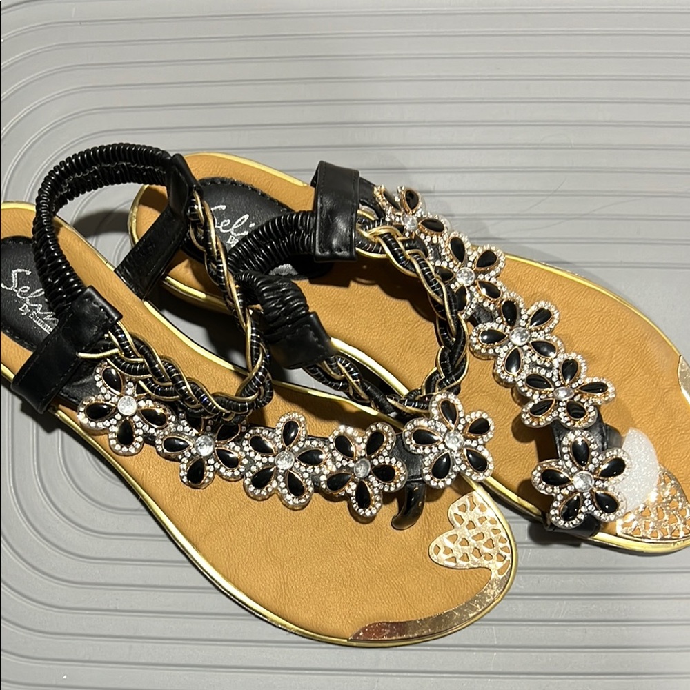 Black and Gold Floral Sandals